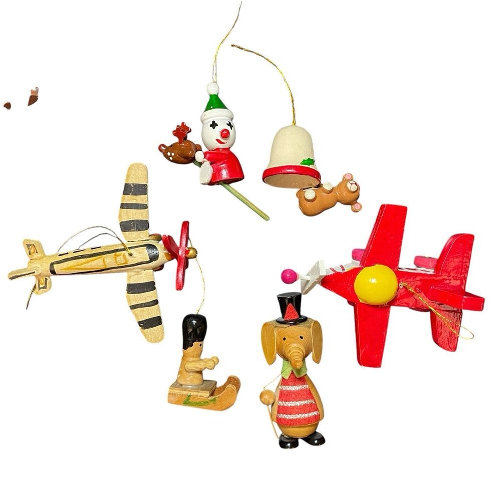 Vintage Lot of‎ 6 Wooden Christmas Ornaments Elephant Airplane Bear Clown Sled